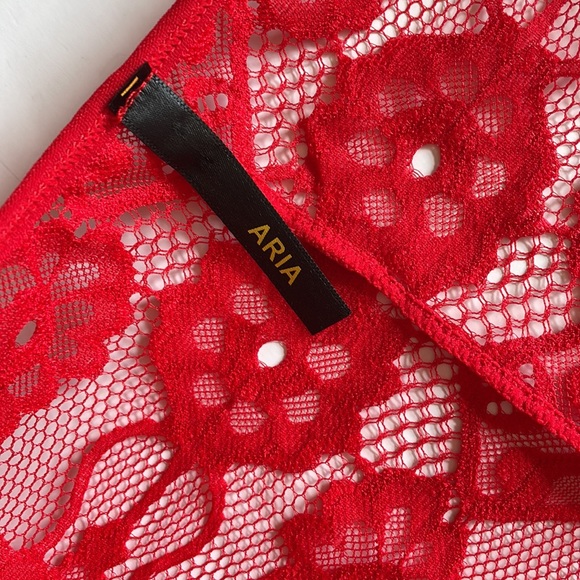 ARIA red sheer lace sexy open front long sleeve wrap robe removable sash tie - Picture 5 of 9